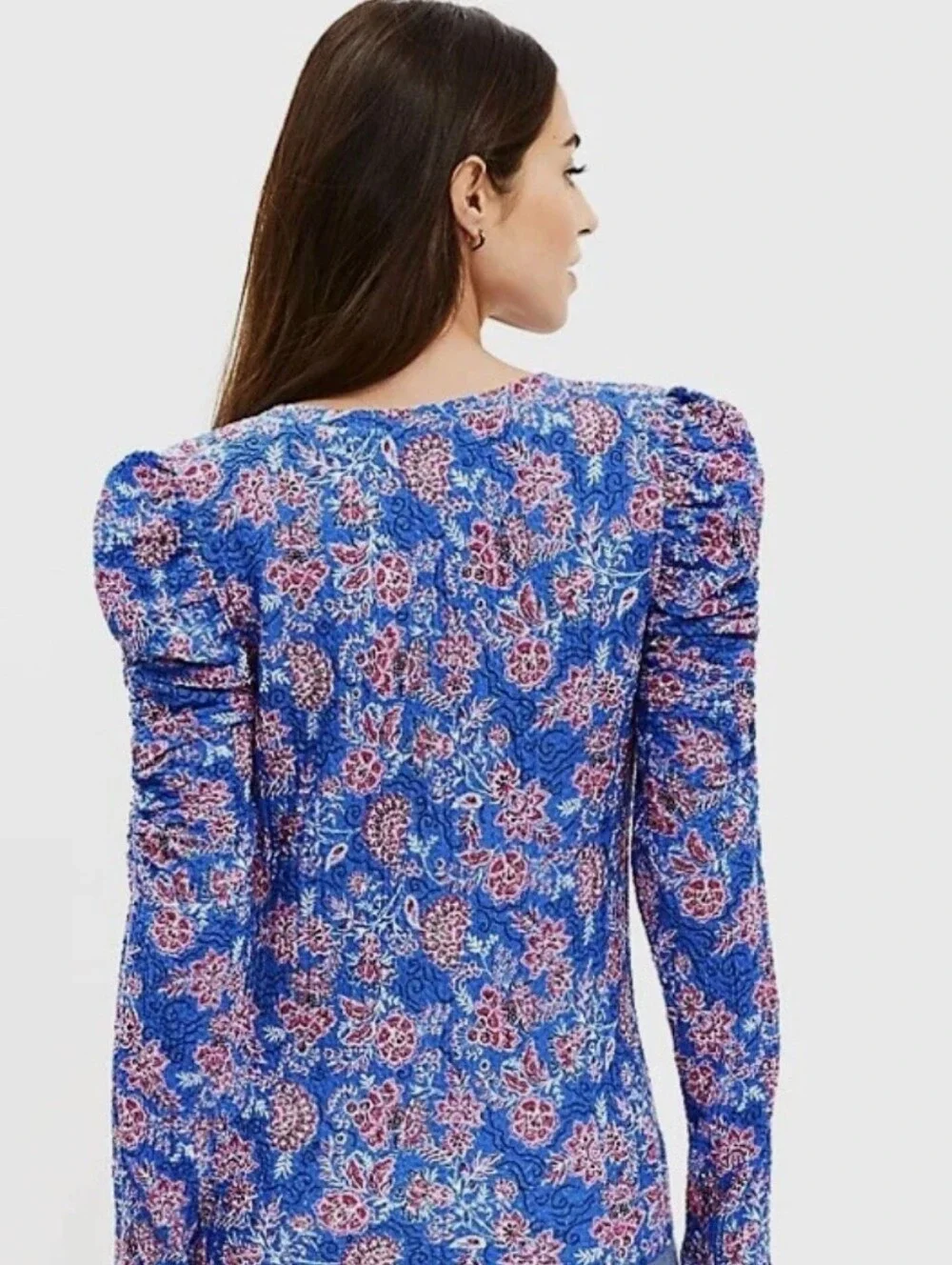 Loft V-Neck Puff Sleeve Floral Elegant Coquette Long Sleeve Stretchy Sz L Fall